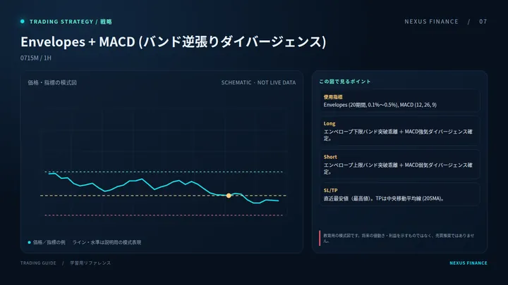 Envelopes + MACD (バンド逆張りダイバージェンス)の説明用模式図